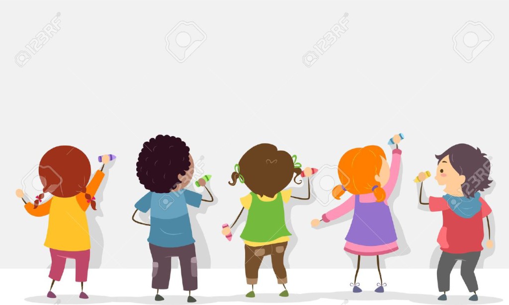 20780072-Back-View-Illustration-of-Stickman-Kids-Writing-on-a-Blank-Board-with-Crayons-Stock-Illustration